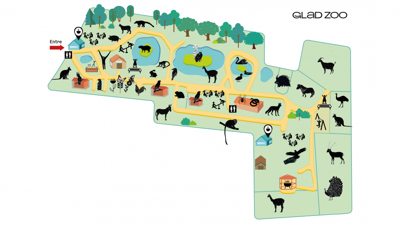 Kort med illustrationer af stier og dyr i Glad Zoo